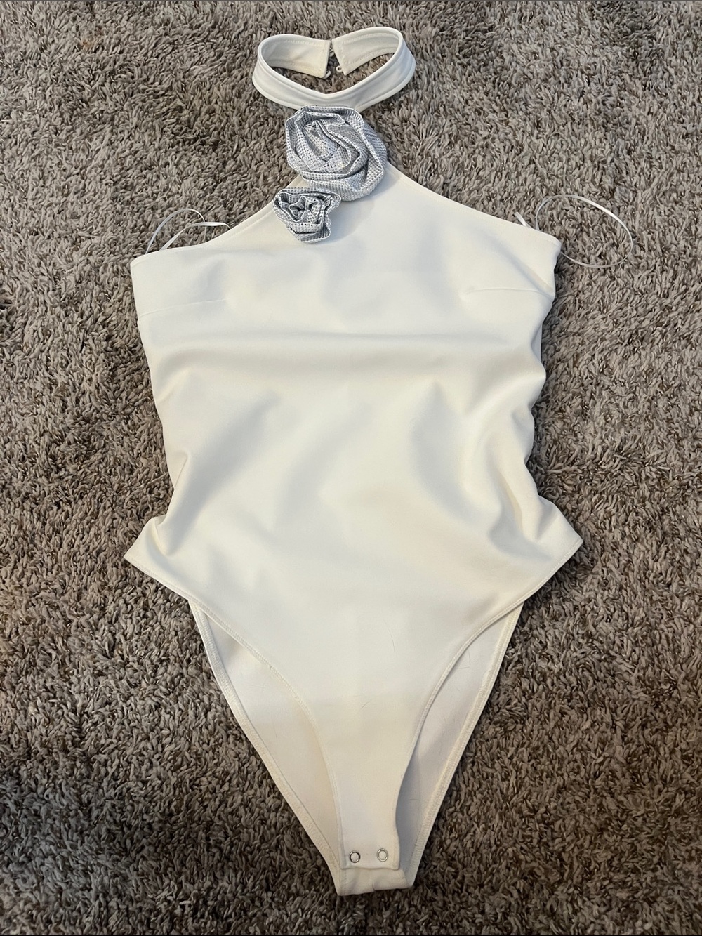Zara White Halter Bodysuit with Rosette Accents